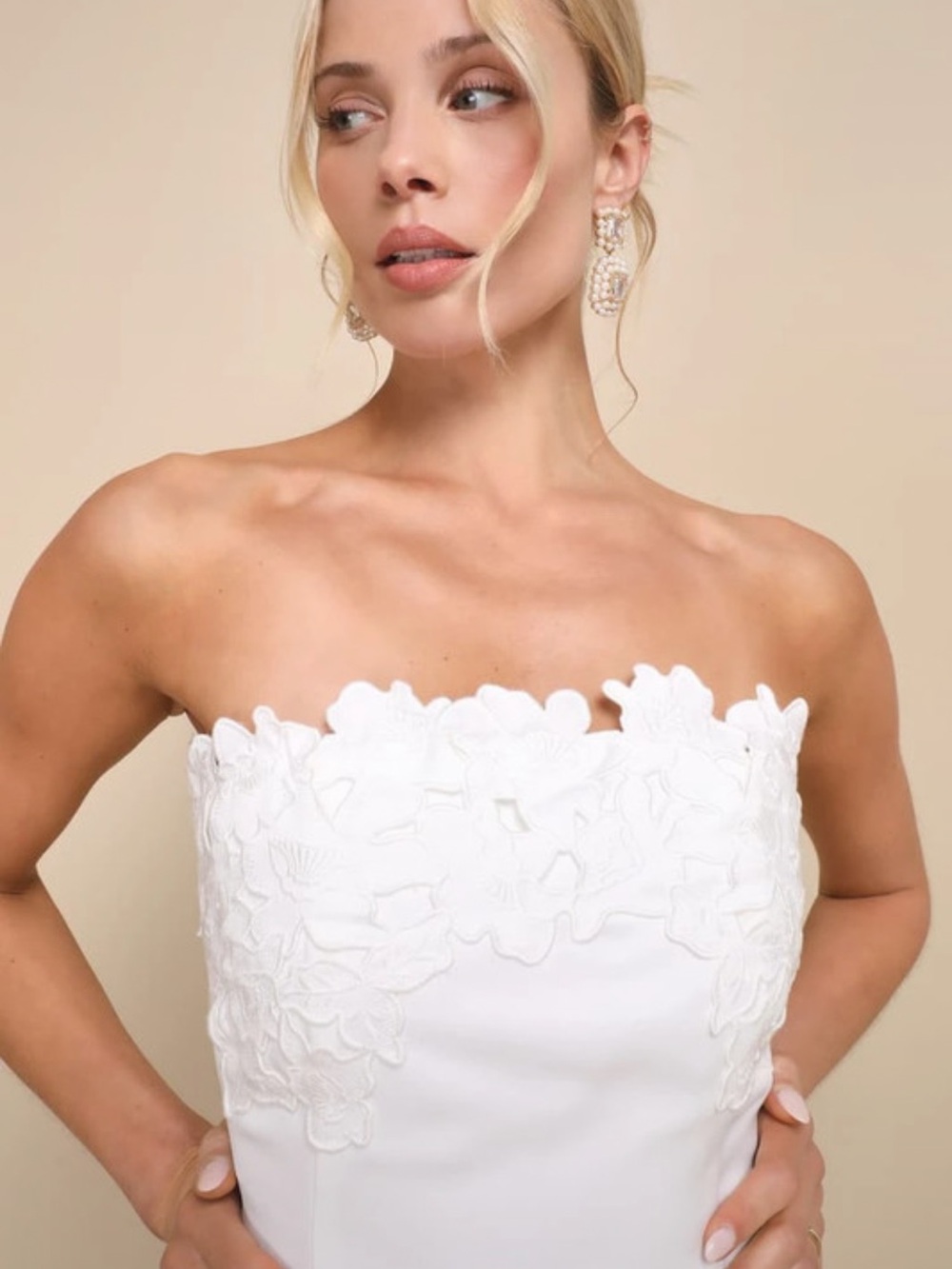 Strapless White Floral Appliqué Dress